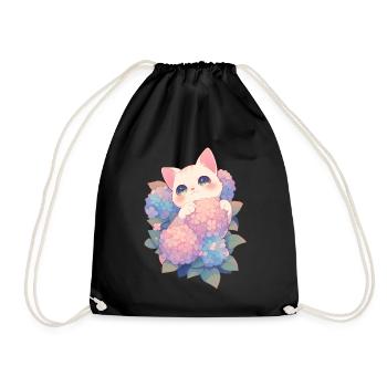 Kawaii White Cat Hydrangeas Flowers Chibi Style - Drawstring Bag - black - Front