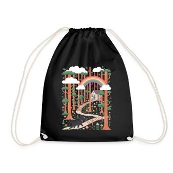 Cottagecore Rainbow House in the Woods with Cat - Drawstring Bag - black - Front