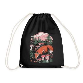 Cottagecore fox in the forest with mushrooms and trees - Drawstring Bag - black - Front