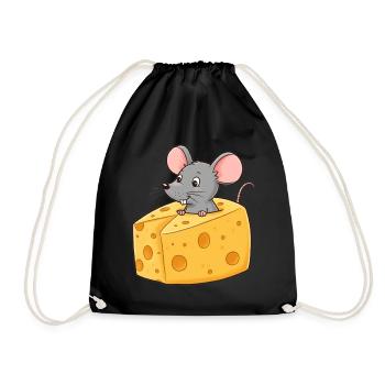 Animal Cartoon Mouse with Cheese - Drawstring Bag - black - Front