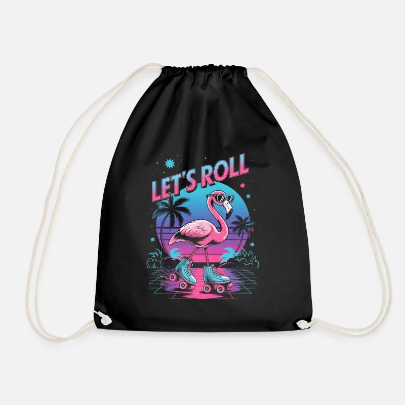 Flamingo auf Rollschuhen - Retro 80er - Turnbeutel - Schwarz