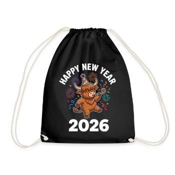 Happy New Year 2026 Highland Cow Party Hat - Drawstring Bag - black - Front