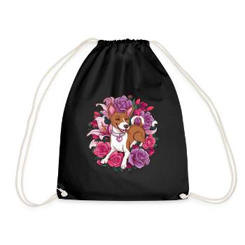 Basenji Dog with Roses and Lillies for Dog Fans - Drawstring Bag - black - Front
