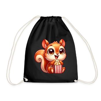 Cute Squirrel with Popcorn Cartoon - Drawstring Bag - black - Front