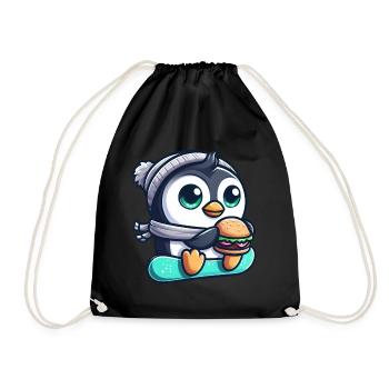 Lustiger Pinguin auf Snowboard mit Burger - Turnbeutel - Schwarz - Vorne