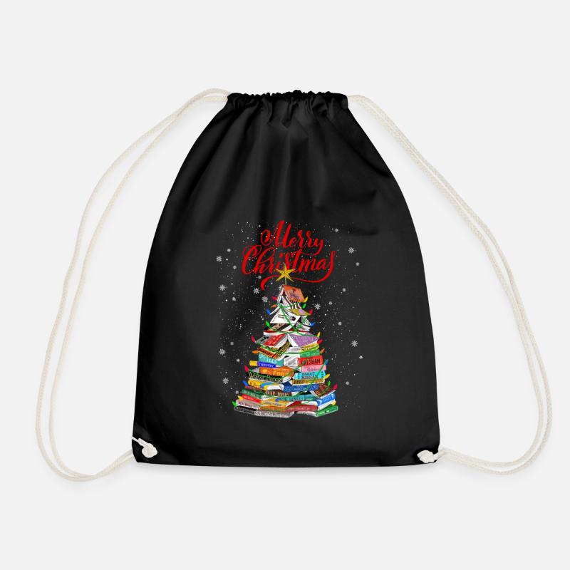 Christmas Book Tree Lights T Shirt - Drawstring Bag - black