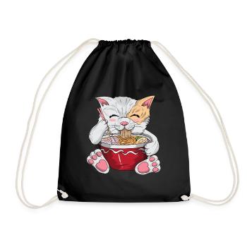 Japanese kawaii cat with noodles cat owner - Drawstring Bag - black - Front