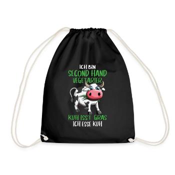 Ich bin second Hand Vegetarier Kuh Design Spruch - Turnbeutel - Schwarz - Vorne