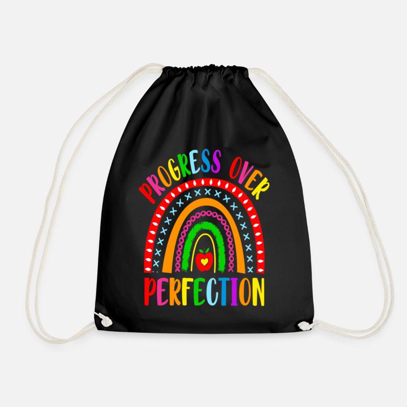 Rainbow Progress Over Perfection Motivational - Drawstring Bag - black