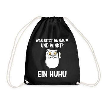 Was sitzt im Baum und winkt? Ein HUHU - Turnbeutel - Schwarz - Vorne