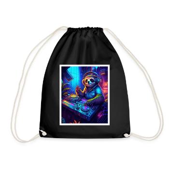 Sloth Morning Grouch DJ Music Retro Neon House - Drawstring Bag - black - Front