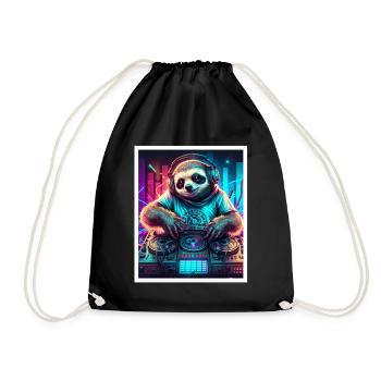 Sloth Morning Grouch DJ Music Retro Neon House - Drawstring Bag - black - Front