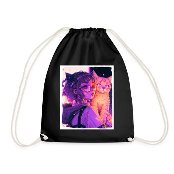 Anime Girl Katze Kätzchen Manga Ink Blume Neon - Turnbeutel - Schwarz - Vorne