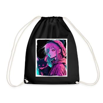Anime Girl Cat Kitten Manga Ink Flower Neon - Drawstring Bag - black - Front