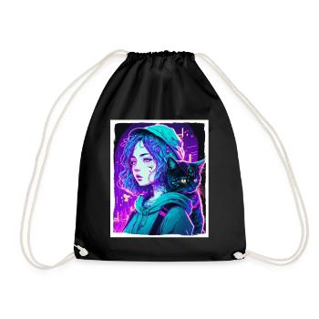 Anime Girl Katze Kätzchen Manga Ink Blume Neon - Turnbeutel - Schwarz - Vorne