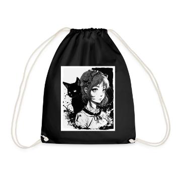 Anime Girl Cat Kitten Manga Ink Flower Neon - Drawstring Bag - black - Front