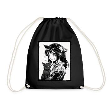 Anime Girl Katze Kätzchen Manga Ink Blume Neon - Turnbeutel - Schwarz - Vorne
