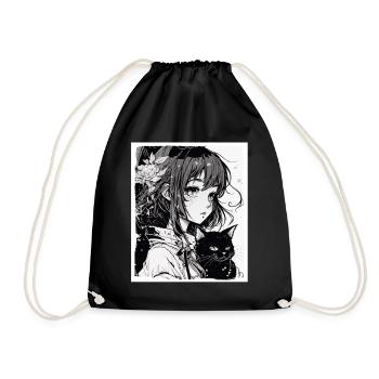 Anime Girl Katze Kätzchen Manga Ink Blume Neon - Turnbeutel - Schwarz - Vorne
