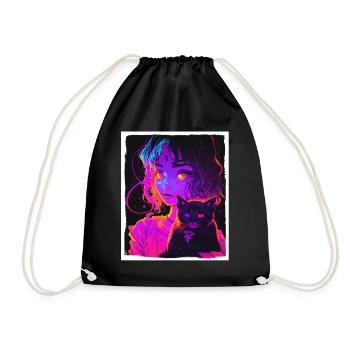 Anime Girl Katze Kätzchen Manga Ink Blume Neon - Turnbeutel - Schwarz - Vorne