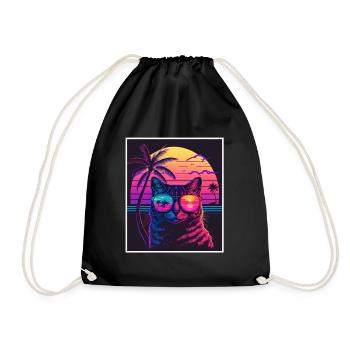 Vaporwave Retro Cat Cat Animal Motif Plage Neon - Sac de sport léger - noir - Devant