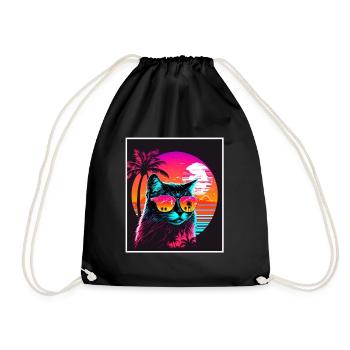 Vaporwave Retro Cat Cat Animal Motif Plage Neon - Sac de sport léger - noir - Devant