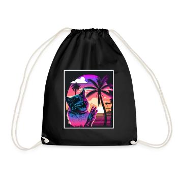 Vaporwave Retro Cat Cat Animal Motif Plage Neon - Sac de sport léger - noir - Devant