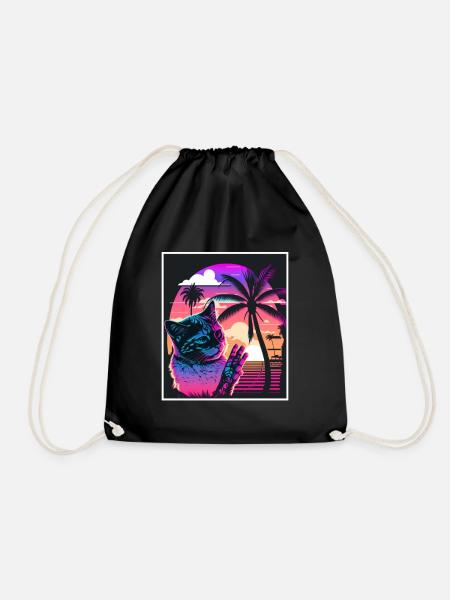 Vaporwave Retro Katze Cat Tiermotiv Strand Neon - Turnbeutel - Schwarz
