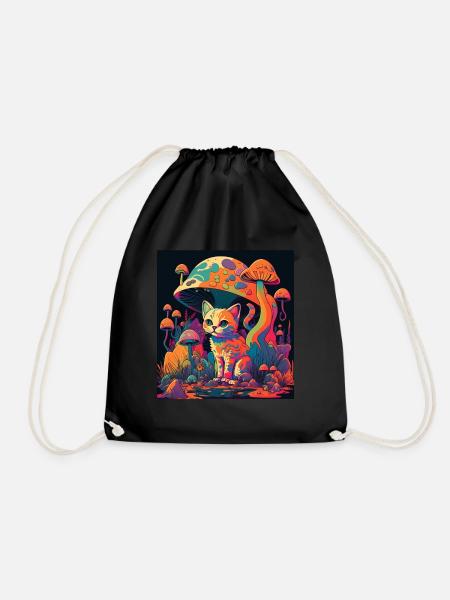 Pilze Katze Natur Kosmisch Neon Raver Goa Freiheit - Turnbeutel - Schwarz