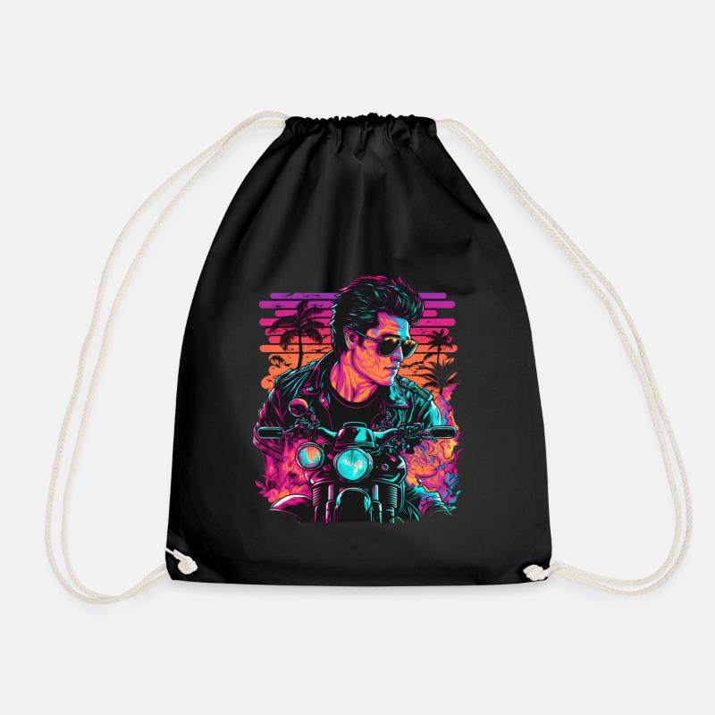 Retro Biker Illustration Motorrad Synthwave Art - Turnbeutel - Schwarz
