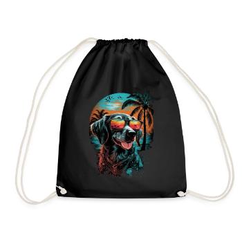 Retro cute dog with sunglasses on the beach - Drawstring Bag - black - Front