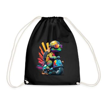 Funny colorful turtle on a scooter - Drawstring Bag - black - Front