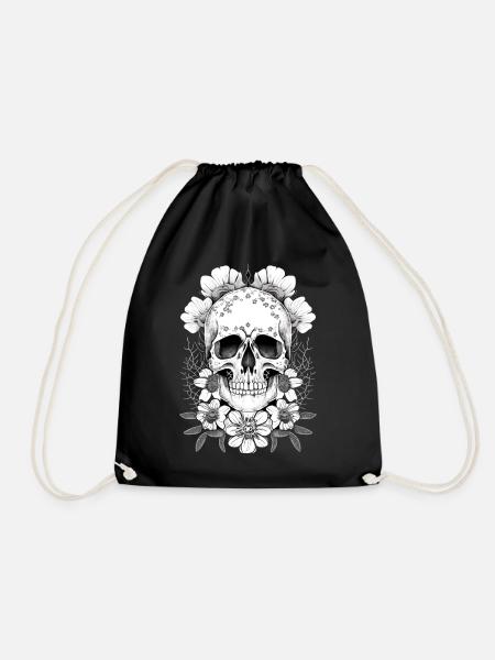 Totenkopf mit Blumen Kunst - Turnbeutel - Schwarz