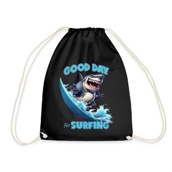Funny shark with a surfboard - surfer - Drawstring Bag - black - Front