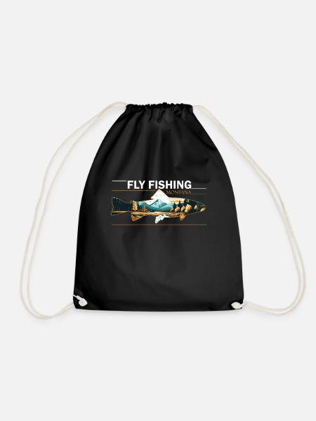 Fly Fishing in Montana Retro Scenic Landscape - Drawstring Bag - black