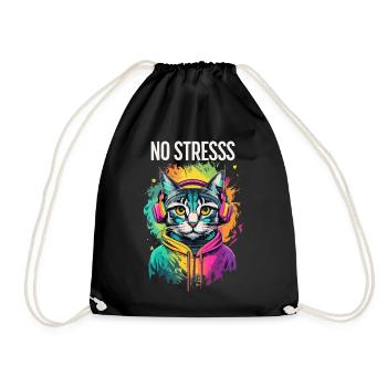 Cat motif music lover saying NO STRESS - Drawstring Bag - black - Front