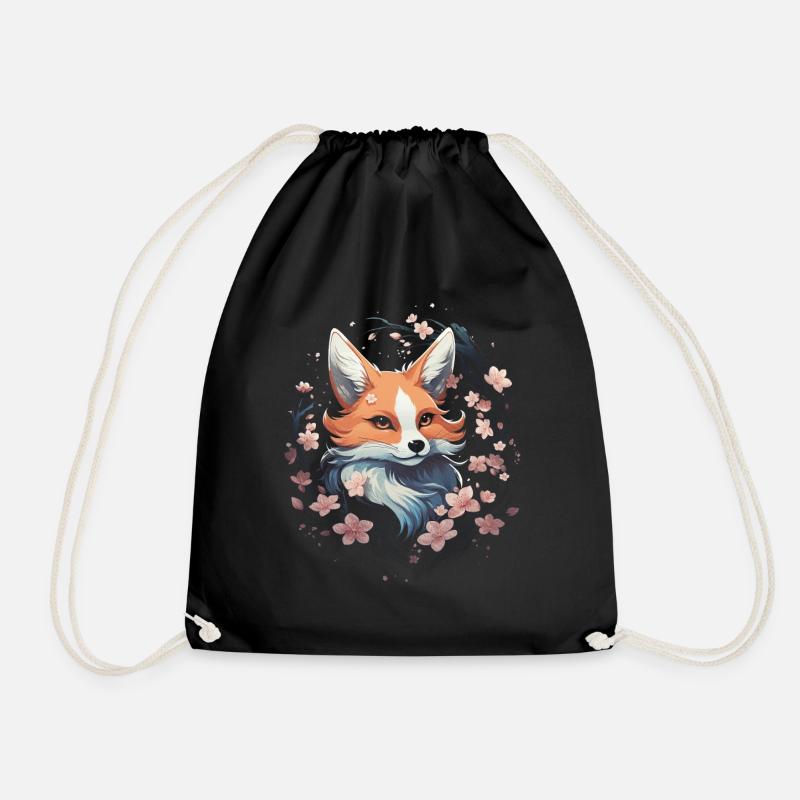 Kitsune Japanisch Kawaii Kirschblüte Sakura - Turnbeutel - Schwarz