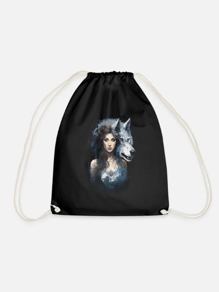 Wolf and Woman Fantasy Artwork Mythology - Drawstring Bag - black