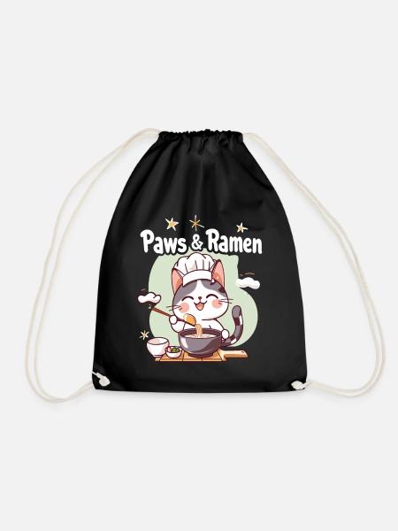 Paws and Ramen Funny Cats Animal Sayings - Drawstring Bag - black