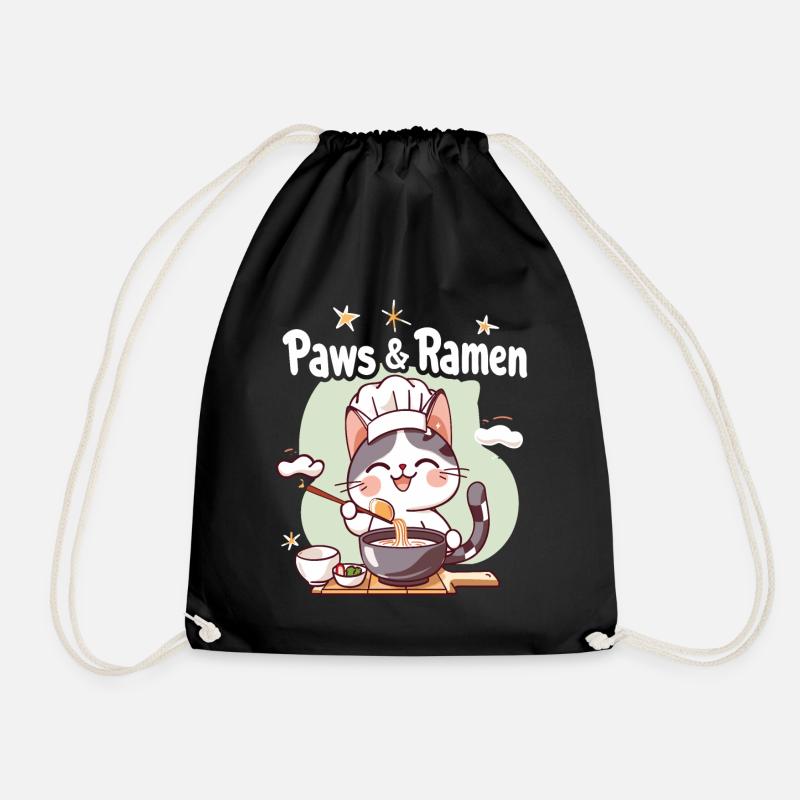 Paws and Ramen Funny Cats Animal Sayings - Drawstring Bag - black