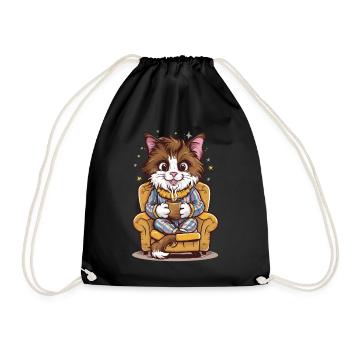 Lustige Katze im Pyjama und Kaffeetasse Katzen - Turnbeutel - Schwarz - Vorne