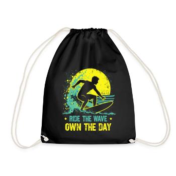 Surfer Ride the Wave – Own the Day Spruch - Turnbeutel - Schwarz - Vorne