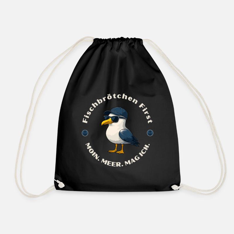 Fischbrötchen First - Möwe mit Cap und Humor - Turnbeutel - Schwarz