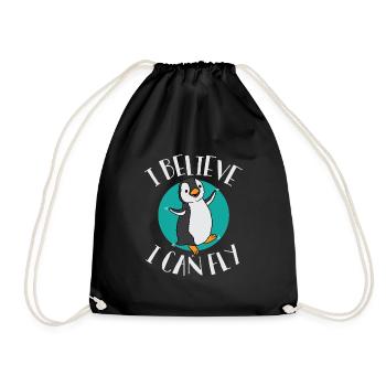 i believe i can fly penguin funny gift idea - Drawstring Bag - black - Front