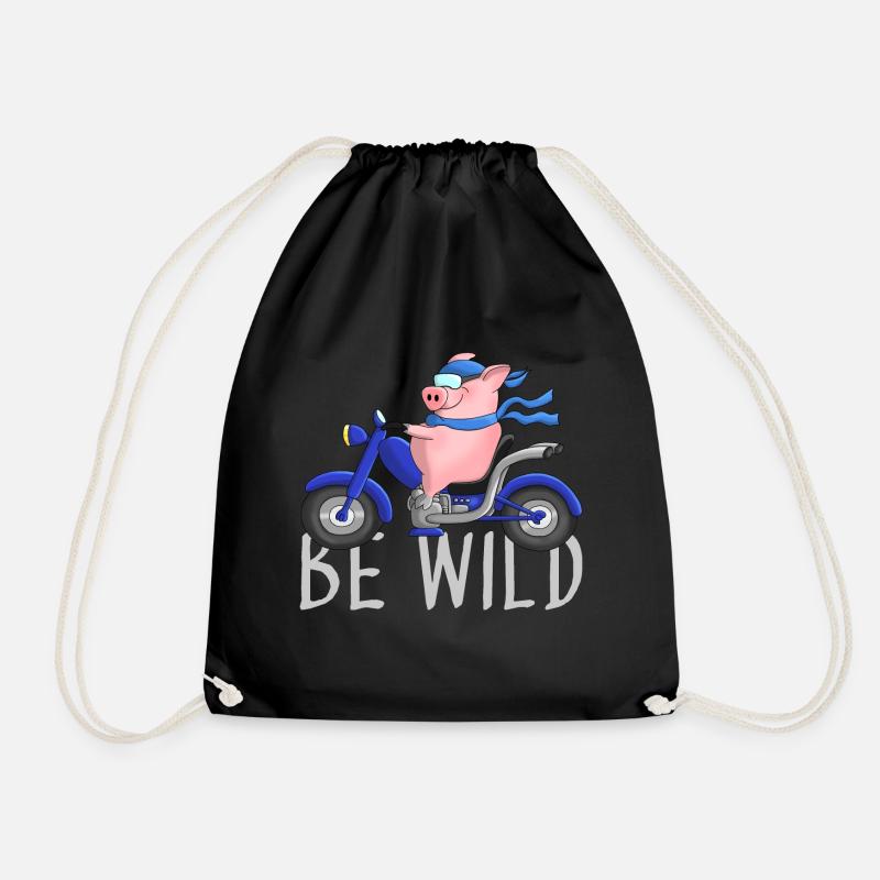 Funny pig on motorcycle cartoon - Drawstring Bag - black