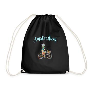 Amsterdam T-Shirt Bicycle Souvenir Gift - Drawstring Bag - black - Front