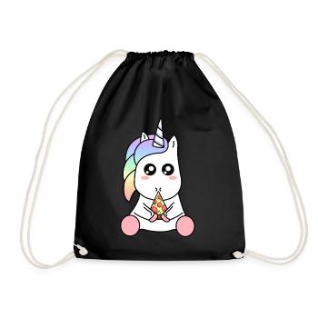 Cute Funny Kawaii Unicorn Eating Pizza Slice - Drawstring Bag - black - Front