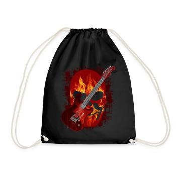 Gitarre, Totenkopf mit Flammen, Feuer - Turnbeutel - Schwarz - Vorne