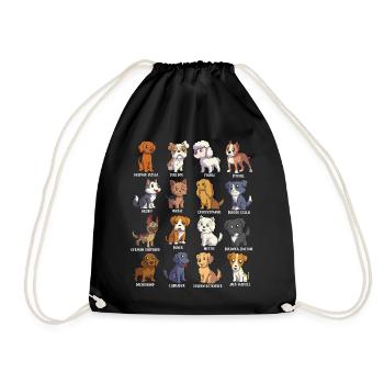 Verschiedene Kawaii Cartoon Hunde - Hunderassen - Turnbeutel - Schwarz - Vorne