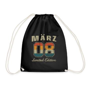 Geburtstag: März 2008 - Limited Edition Retro - Turnbeutel - Schwarz - Vorne