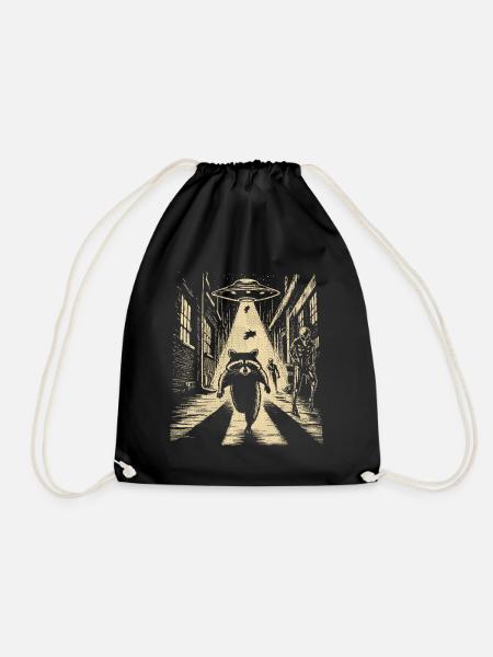 Raccoon flees from aliens and UFO - Drawstring Bag - black